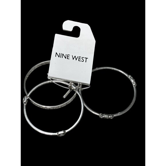 Nine West Silver-Tone 3-Piece Bangle Bracelet Set With Rhinestone Accents - Picture 2 of 5